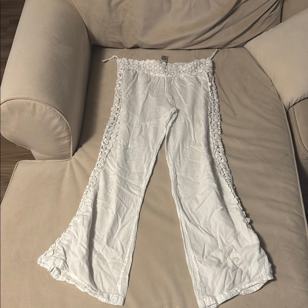 White Crochet Trim Pants